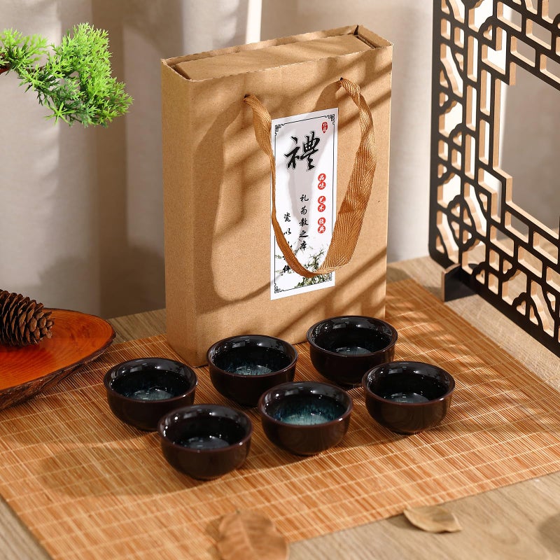 Skyley 6 Pieces Korean Soju Shot Glasses Sets Porcelain Cups Korean Ceramic Cups Tea Accessories Drinkware, Handcrafted Ceramic(Dark Brown,Sand Gold Pattern) - Image 5