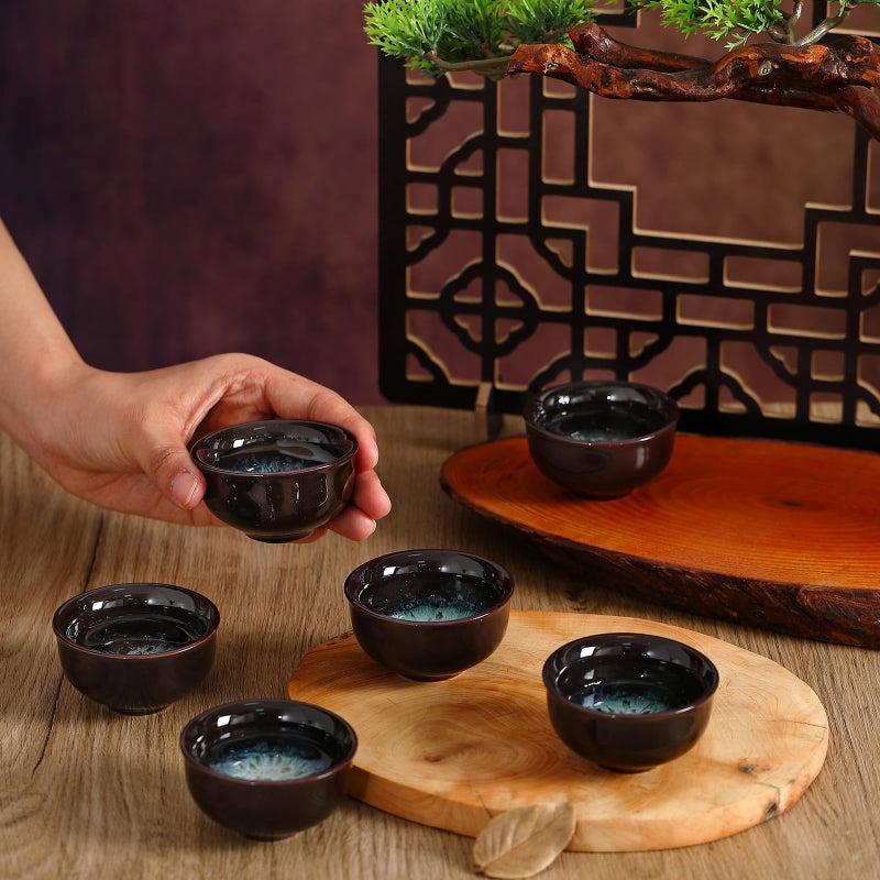 Skyley 6 Pieces Korean Soju Shot Glasses Sets Porcelain Cups Korean Ceramic Cups Tea Accessories Drinkware, Handcrafted Ceramic(Dark Brown,Sand Gold Pattern) - Image 3
