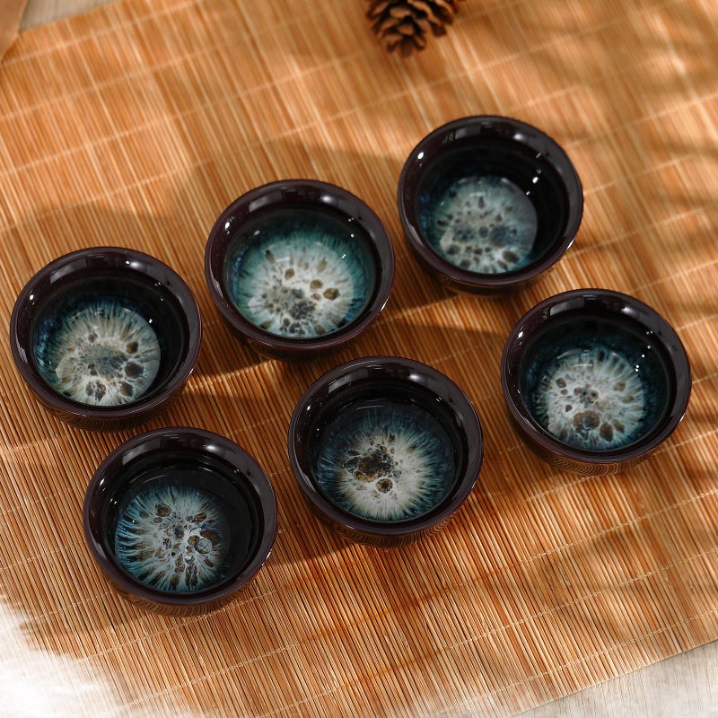 Skyley 6 Pieces Korean Soju Shot Glasses Sets Porcelain Cups Korean Ceramic Cups Tea Accessories Drinkware, Handcrafted Ceramic(Dark Brown,Sand Gold Pattern) - Image 4