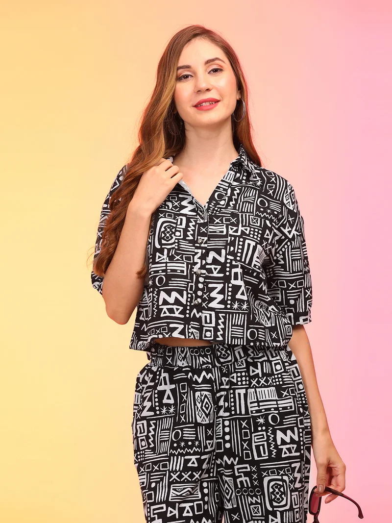 globus Women Abstract Print Boxy Shirt & Trouser Co-Ord Set