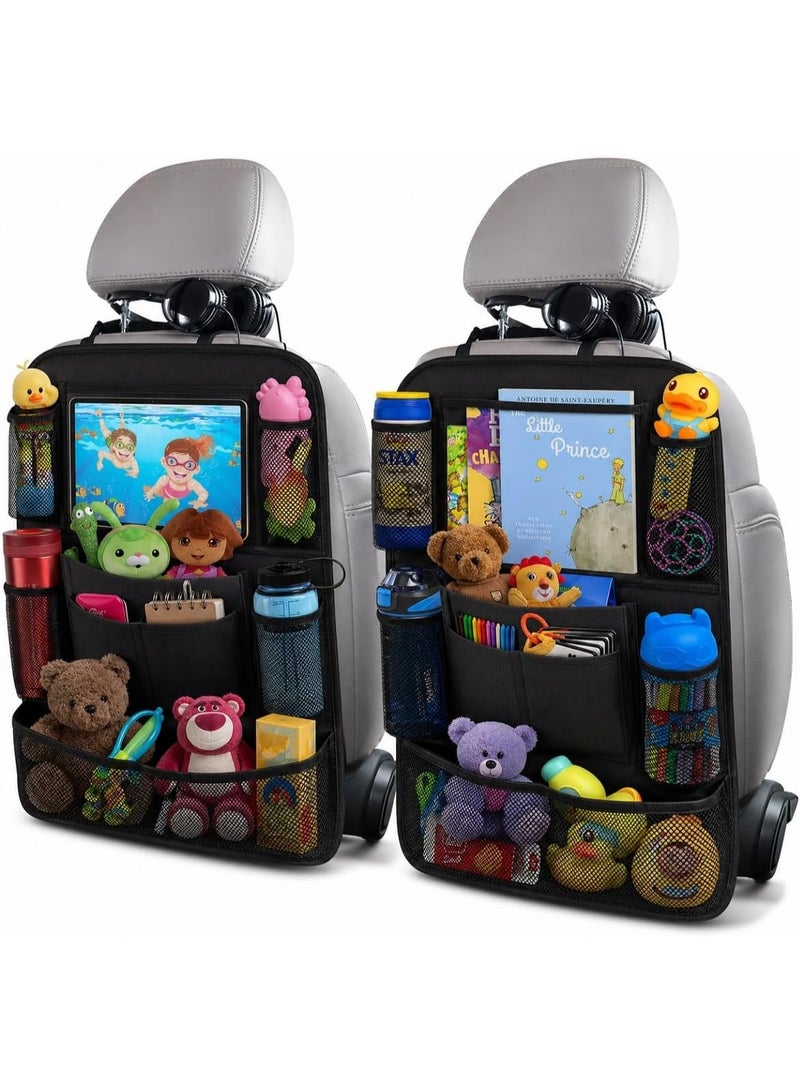 KITCHENOO Car Backseat Organizer with 10" Table Holder, 9 Storage Pockets Seat Back Protectors Kick Mats for Kids Toddlers, Travel Accessories, 2 Pack - Image 1