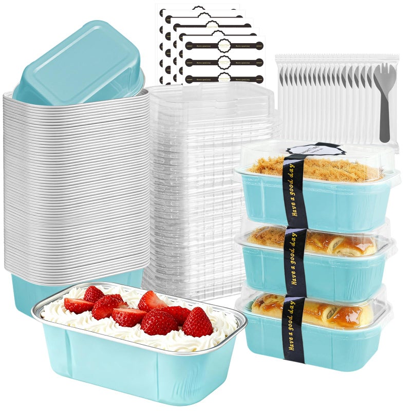 OBXMLFY Mini Loaf Pans With Lids And Spoons 50 Pack,5.5 Oz Rectangle Mini Individual Cake Tins Disposable Small Aluminum Foil Baking Pans(50, Wathet) - Image 1