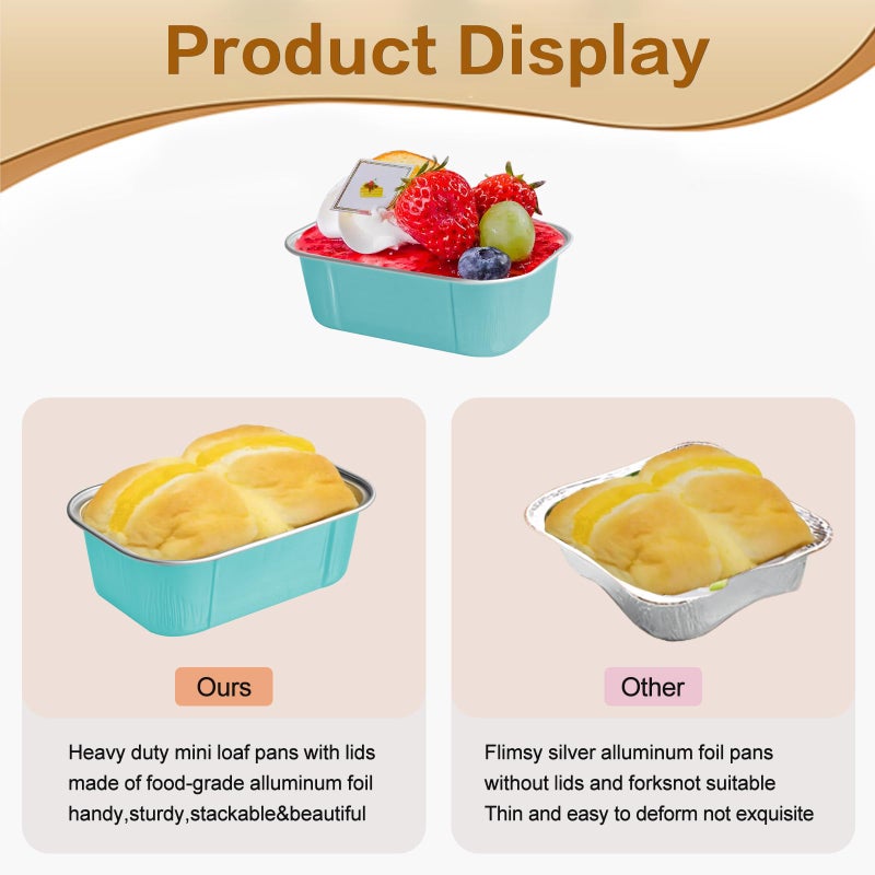 OBXMLFY Mini Loaf Pans With Lids And Spoons 50 Pack,5.5 Oz Rectangle Mini Individual Cake Tins Disposable Small Aluminum Foil Baking Pans(50, Wathet) - Image 5