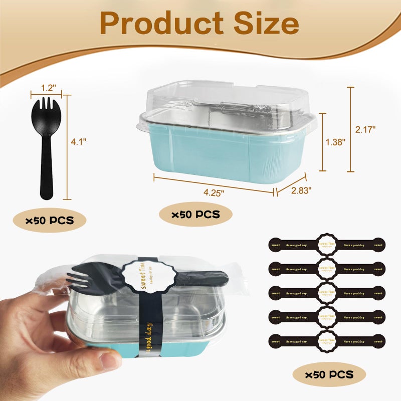 OBXMLFY Mini Loaf Pans With Lids And Spoons 50 Pack,5.5 Oz Rectangle Mini Individual Cake Tins Disposable Small Aluminum Foil Baking Pans(50, Wathet) - Image 2