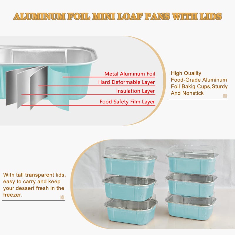 OBXMLFY Mini Loaf Pans With Lids And Spoons 50 Pack,5.5 Oz Rectangle Mini Individual Cake Tins Disposable Small Aluminum Foil Baking Pans(50, Wathet) - Image 3