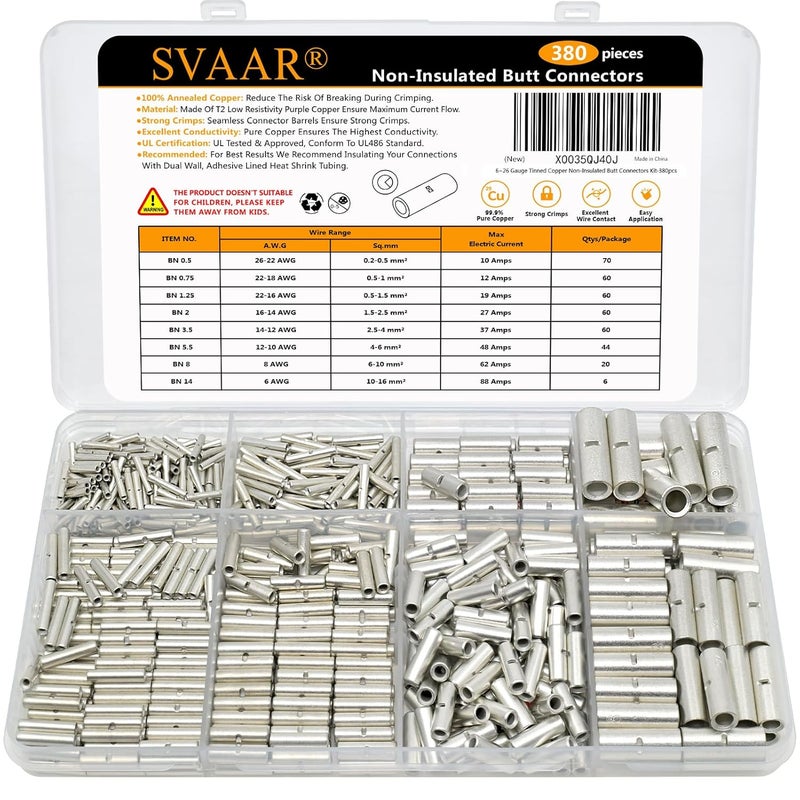 SVAAR 380 Pcs Non-Insulated End Connectors Kit, End Splice Connectors, Non-Insulated Wire Connectors for 26 Gauge Wire, Non-Insulated End Terminals - Image 1