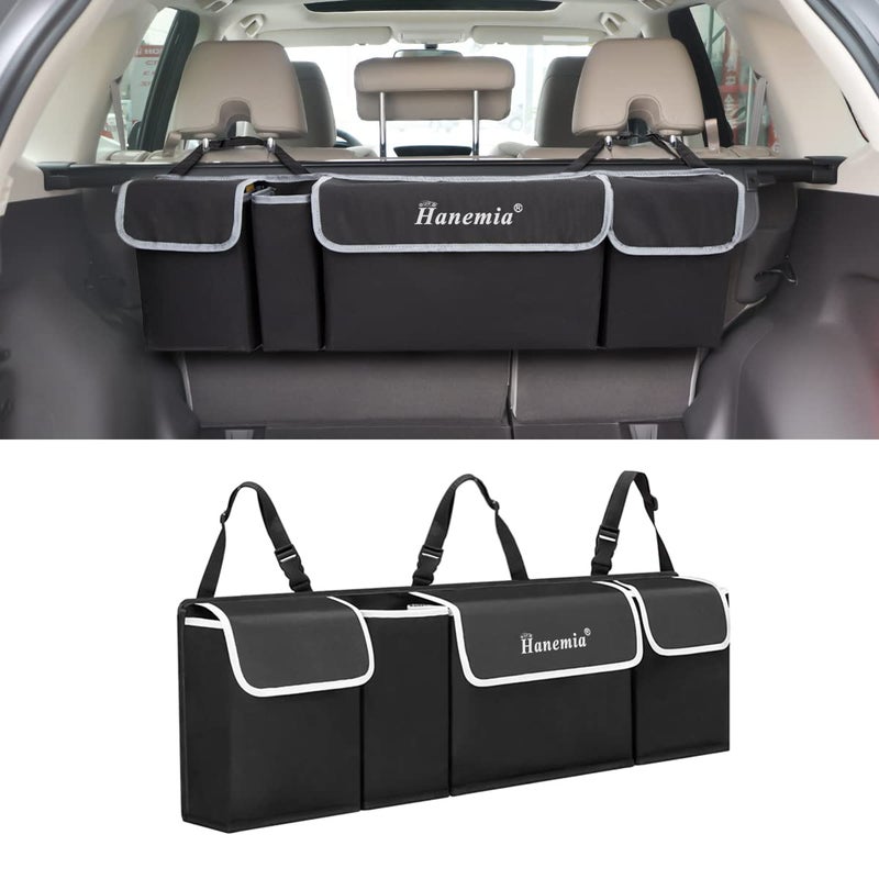 Hanemia Car Trunk Organizer and Storage, Backseat Hanging Organizer for SUV, Truck, MPV, Waterproof, Collapsible Cargo Storage Bag with 4 Pockets, Car Interior Accessories (Black) - Image 1