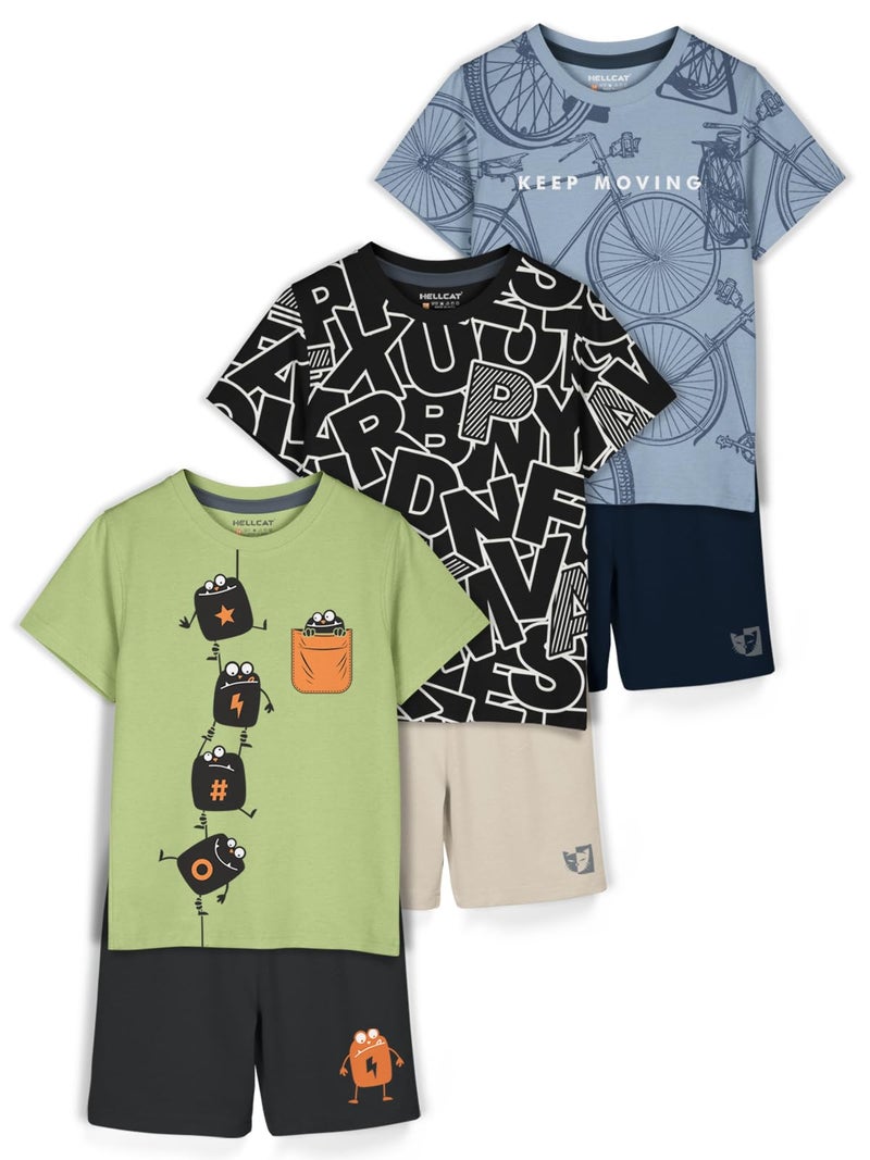 HELLCAT Cotton Blend Boys Dress Printed Clothing Set Combo with Tshirts & Shorts - Pack 3 Green/Black/Bluish Grey 5-6 Years - Image 1