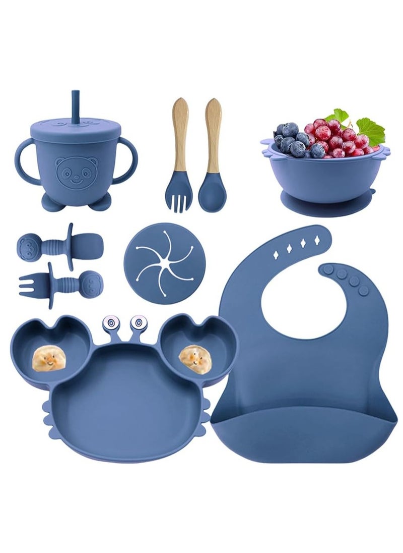 0TO1 TECH Silicone Baby Feeding Set, Baby Led Weaning Utensils Set, Includes Suction Bowl Divided Plate, Spoons Forks Sippy Cup Adjustable Bib, BPA Free Baby Feeding Supplies Set (Dark Blue)  - Image 1