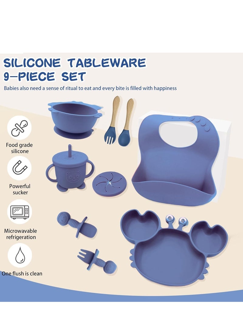 0TO1 TECH Silicone Baby Feeding Set, Baby Led Weaning Utensils Set, Includes Suction Bowl Divided Plate, Spoons Forks Sippy Cup Adjustable Bib, BPA Free Baby Feeding Supplies Set (Dark Blue)  - Image 2