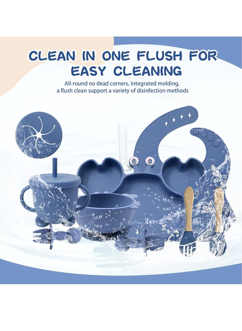 0TO1 TECH Silicone Baby Feeding Set, Baby Led Weaning Utensils Set, Includes Suction Bowl Divided Plate, Spoons Forks Sippy Cup Adjustable Bib, BPA Free Baby Feeding Supplies Set (Dark Blue)  - Image 3