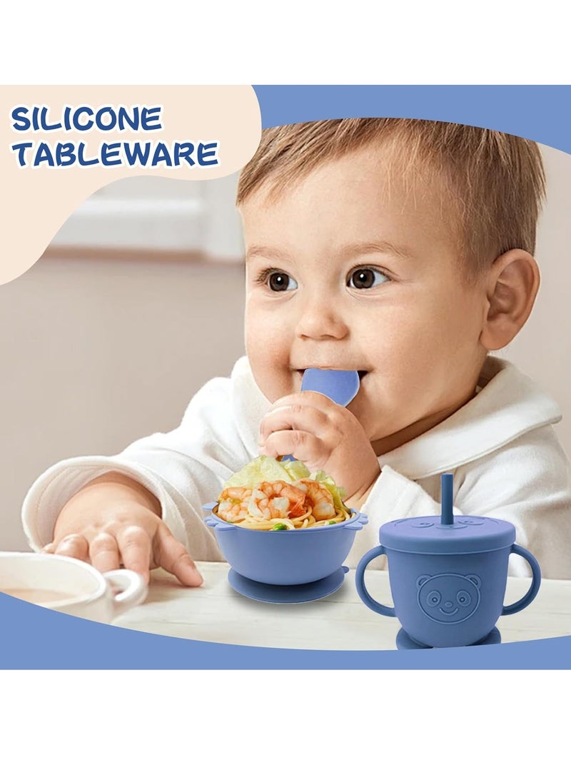 0TO1 TECH Silicone Baby Feeding Set, Baby Led Weaning Utensils Set, Includes Suction Bowl Divided Plate, Spoons Forks Sippy Cup Adjustable Bib, BPA Free Baby Feeding Supplies Set (Dark Blue)  - Image 5