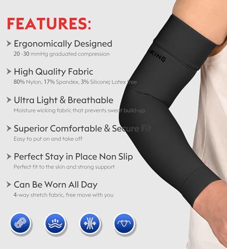 KEKING Lymphedema Compression Arm Sleeves with Silicone Band for Men Women Pair 2030 mmHg Graduated Compression for Lipedema Edema Post Surgery Recovery Swelling Pain Relief Black M - Image 5