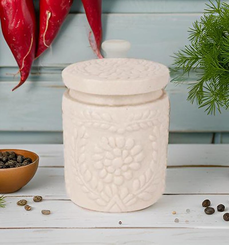 INDHA Ceramic Handmade Pickle Jar | Floral Embossed Achaar Martban | Kitchen Storage Container for Achar, Spices, Salt | Pottery Jar (Off White-4910) - Image 5