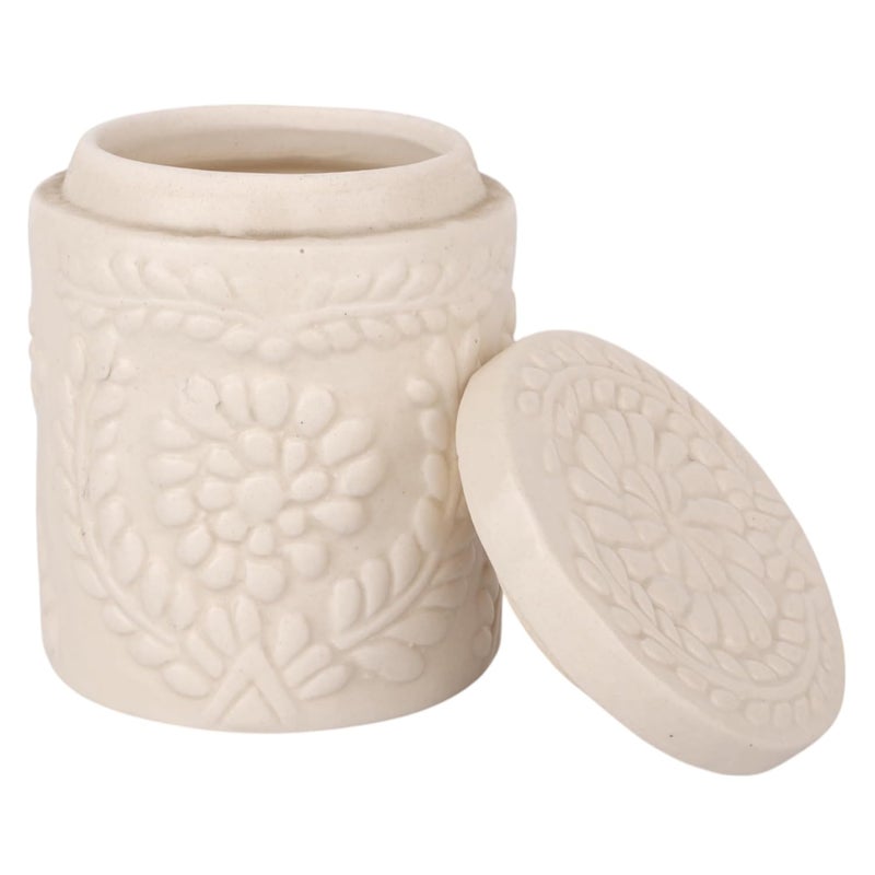 INDHA Ceramic Handmade Pickle Jar | Floral Embossed Achaar Martban | Kitchen Storage Container for Achar, Spices, Salt | Pottery Jar (Off White-4910) - Image 3