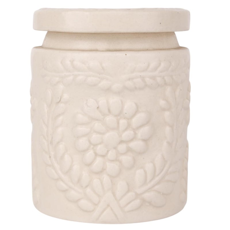 INDHA Ceramic Handmade Pickle Jar | Floral Embossed Achaar Martban | Kitchen Storage Container for Achar, Spices, Salt | Pottery Jar (Off White-4910) - Image 2
