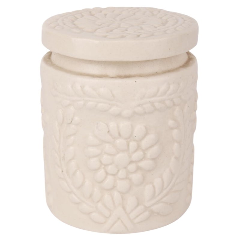 INDHA Ceramic Handmade Pickle Jar | Floral Embossed Achaar Martban | Kitchen Storage Container for Achar, Spices, Salt | Pottery Jar (Off White-4910) - Image 1