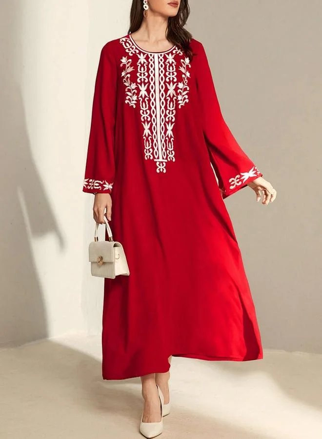 Take Two Red Floral Embroidered Long Sleeves Jalabiya