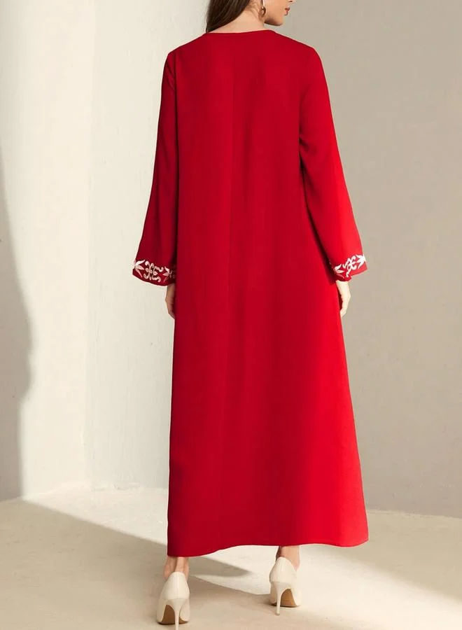 Take Two Red Floral Embroidered Long Sleeves Jalabiya