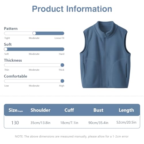 SANNIDHI® Kids Sleeveless Jacket Polar Fleece Vest Full-Zip Lightweight Coat Fall Winter Warm Outwear with Pockets, Stand Collar Waistcoat Cozy Layer Coat for Boys & Girls, 130CM, Blue - Image 2