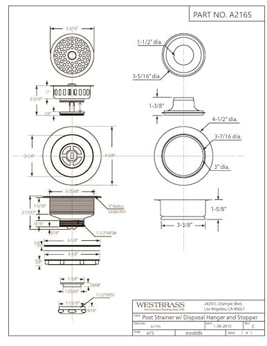 Westbrass A216501 414 OD Post Style Large Kitchen Basket Strainer with Waste Disposal Flange and Stopper Drain Set Polished Brass - Image 3
