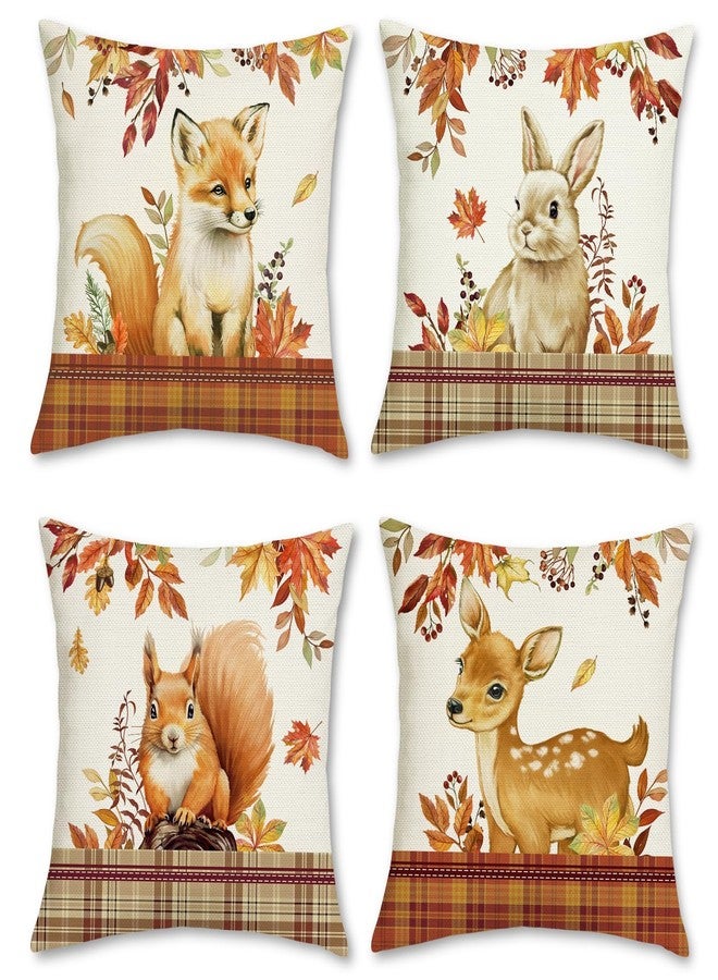 Bonhause Fall Animals Throw Pillow Covers 18 x 18 Inch Fox Deer Squirrel Rabbit Plaid Polyester Linen Decorative Pillow Cases for Couch Sofa Bed Home Decor Set of 4 - Image 1