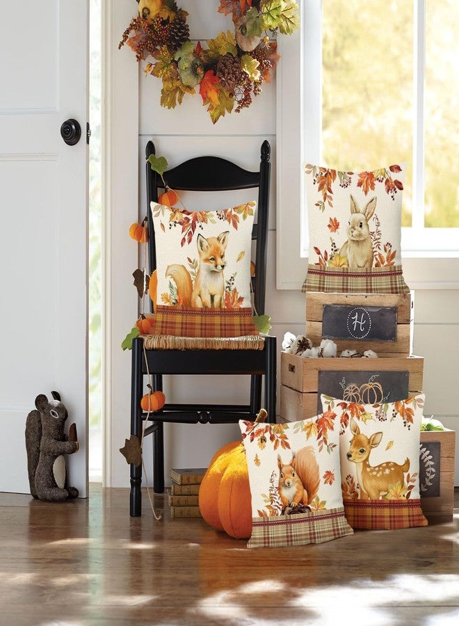 Bonhause Fall Animals Throw Pillow Covers 18 x 18 Inch Fox Deer Squirrel Rabbit Plaid Polyester Linen Decorative Pillow Cases for Couch Sofa Bed Home Decor Set of 4 - Image 2