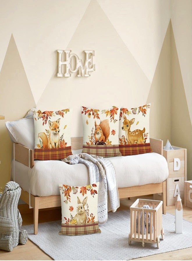 Bonhause Fall Animals Throw Pillow Covers 18 x 18 Inch Fox Deer Squirrel Rabbit Plaid Polyester Linen Decorative Pillow Cases for Couch Sofa Bed Home Decor Set of 4 - Image 3
