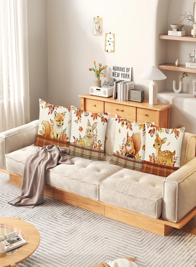Bonhause Fall Animals Throw Pillow Covers 18 x 18 Inch Fox Deer Squirrel Rabbit Plaid Polyester Linen Decorative Pillow Cases for Couch Sofa Bed Home Decor Set of 4 - Image 4