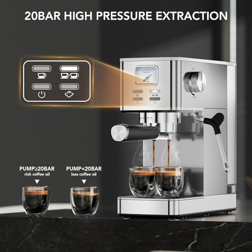 COWSAR Espresso Machine 20 Bar, Compact Commercial Espresso Maker with Milk Frother, Visual Pressure Gauge, Coffee Machine with 47oz Removable Water Tank and Capsule Funnel, for Cappuccino, Latte - Image 2