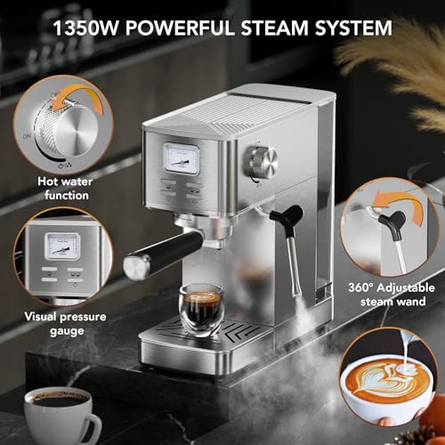 COWSAR Espresso Machine 20 Bar, Compact Commercial Espresso Maker with Milk Frother, Visual Pressure Gauge, Coffee Machine with 47oz Removable Water Tank and Capsule Funnel, for Cappuccino, Latte - Image 5