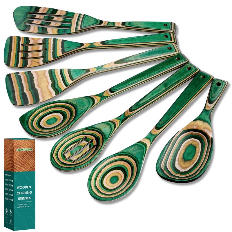 Pakkawood 7Piece Wooden Cooking Utensil SetWood Kitchen Utensil Set Wooden Spoons for Cooking Nonstick Safe NonToxic Wooden Cooking Tools by HOWHONG Oasis Color