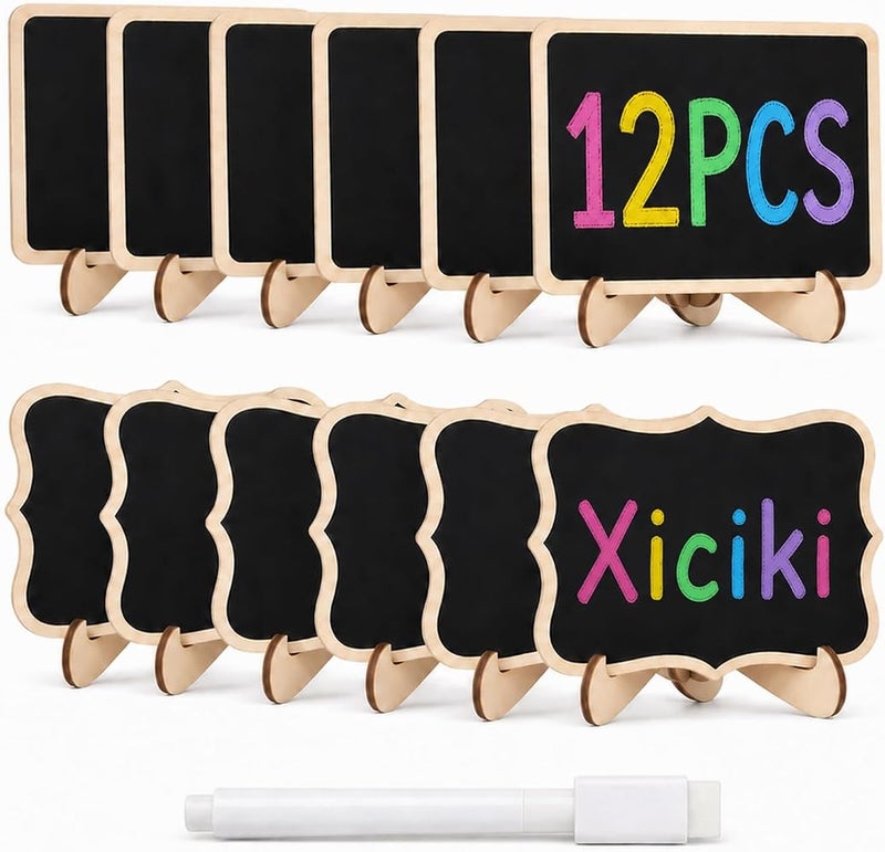 Xiciki 18 Pcs Mini Chalkboard Signs with Easel Stands & Markers Small Wooden blackboards for Food Labels for Buffet, Wedding Place Cards, Price Tags & Party Decor. Erasable, Reusable. - Image 1