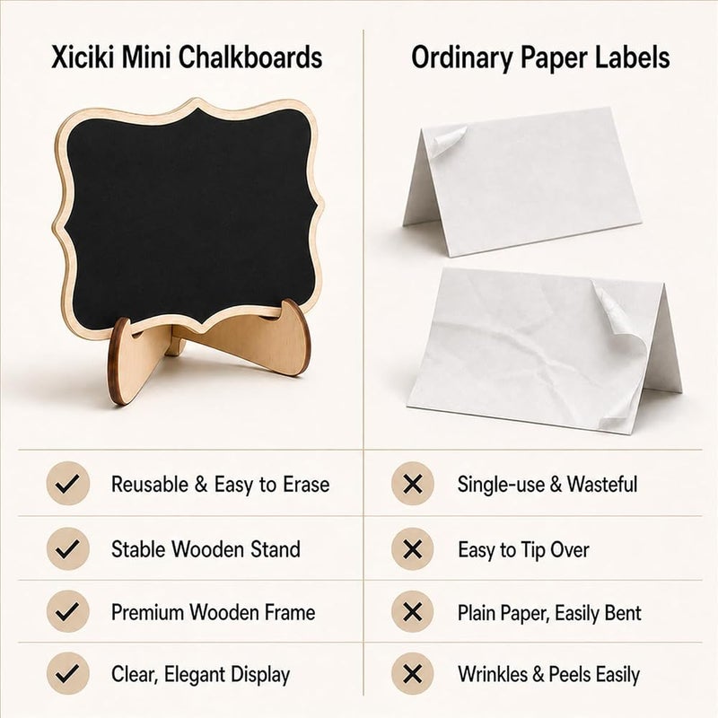 Xiciki 18 Pcs Mini Chalkboard Signs with Easel Stands & Markers Small Wooden blackboards for Food Labels for Buffet, Wedding Place Cards, Price Tags & Party Decor. Erasable, Reusable. - Image 5
