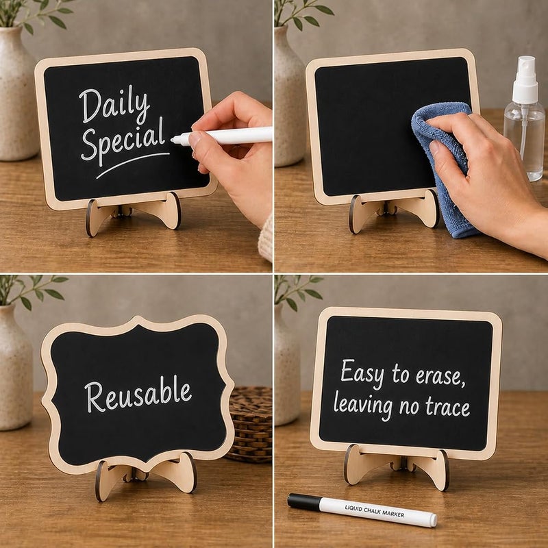 Xiciki 18 Pcs Mini Chalkboard Signs with Easel Stands & Markers Small Wooden blackboards for Food Labels for Buffet, Wedding Place Cards, Price Tags & Party Decor. Erasable, Reusable. - Image 4