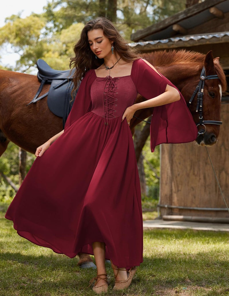 Scarlet Darkness Fairy Dress Woman Renaissance Dress Cottagecore Long Bell Sleeve Halloween Pirate Dress Dark Red L - Image 2