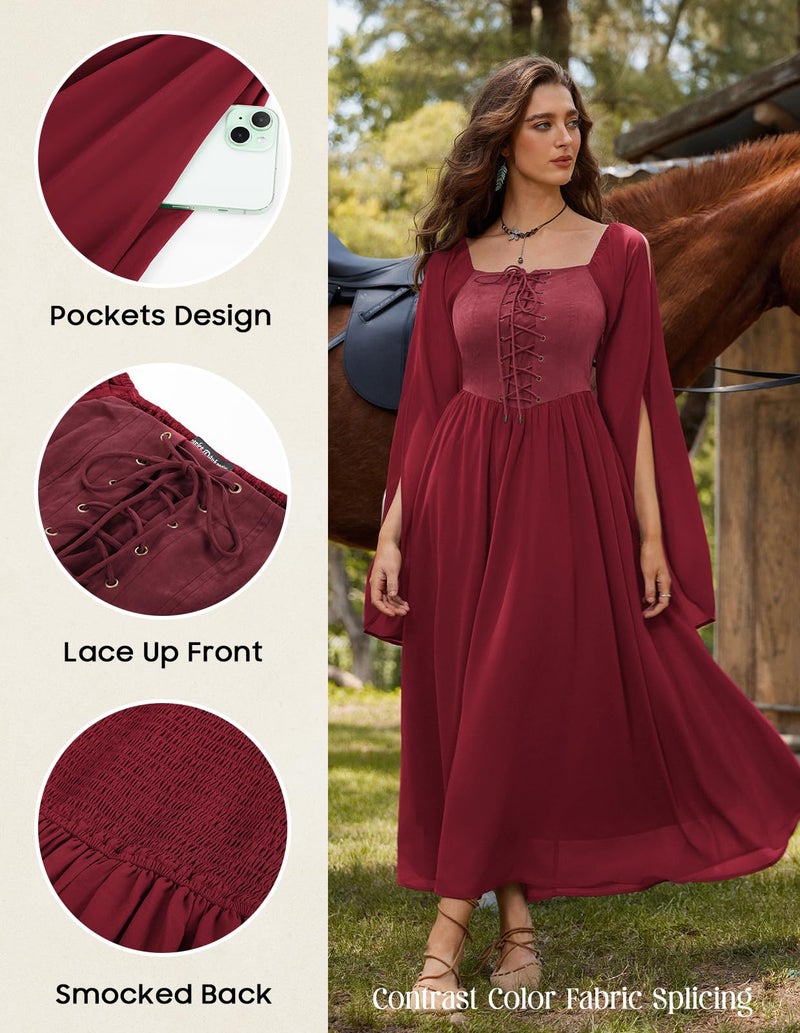 Scarlet Darkness Fairy Dress Woman Renaissance Dress Cottagecore Long Bell Sleeve Halloween Pirate Dress Dark Red L - Image 4