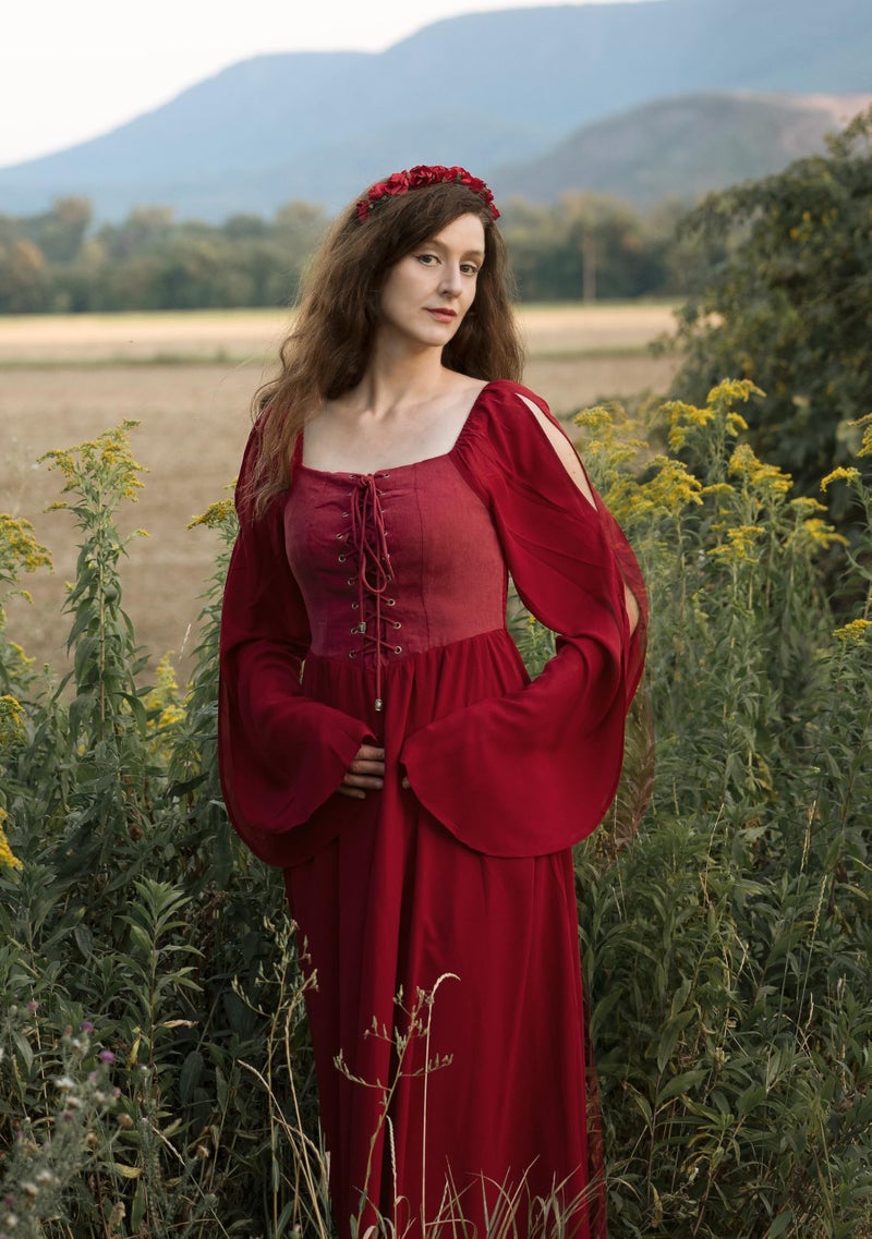Scarlet Darkness Fairy Dress Woman Renaissance Dress Cottagecore Long Bell Sleeve Halloween Pirate Dress Dark Red L - Image 3