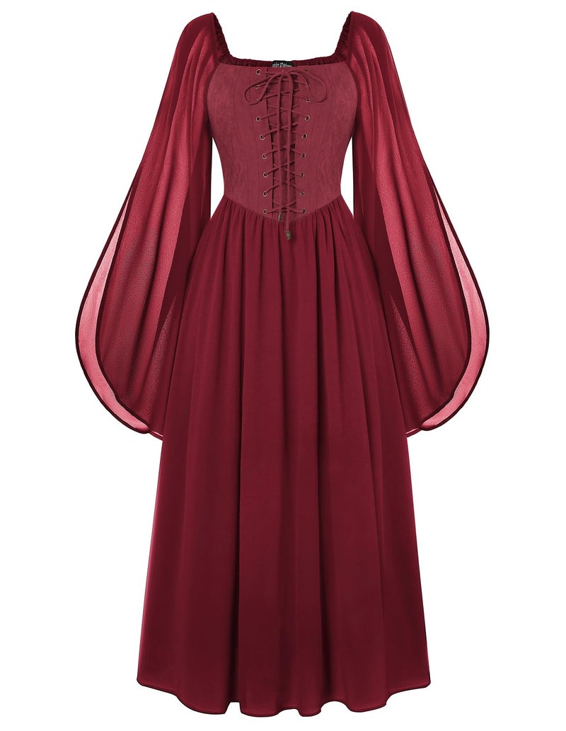 Scarlet Darkness Fairy Dress Woman Renaissance Dress Cottagecore Long Bell Sleeve Halloween Pirate Dress Dark Red L - Image 1