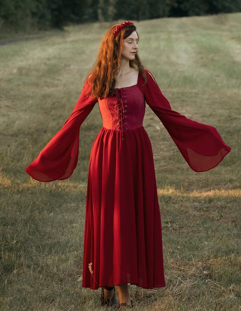 Scarlet Darkness Fairy Dress Woman Renaissance Dress Cottagecore Long Bell Sleeve Halloween Pirate Dress Dark Red L - Image 5