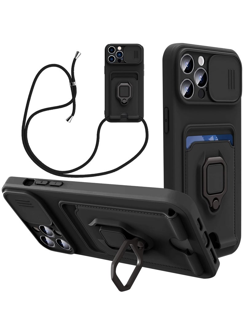 erorex iPhone 15 Pro Max Case with Slide Camera Cover Rotating Kickstand Phone Lanyard & Card Holder Anti scratch Shockproof Protective Case 6.7 inch - Image 1