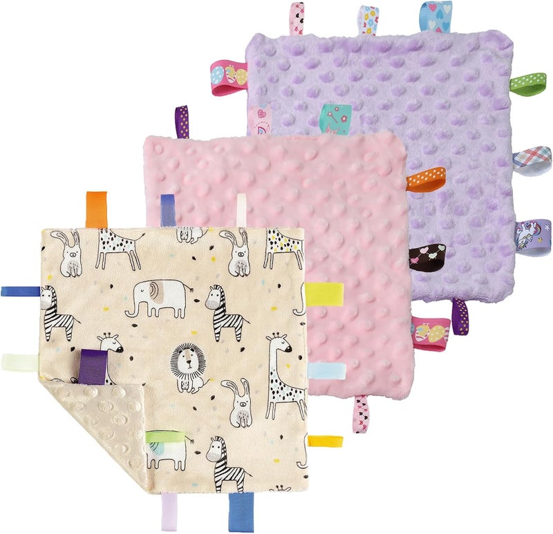 CREVENT Tag Security Blankets for Babies, Soft Small Loveys for Boys, Baby Comforter Sensory Blanket, Great Gifts for Birthday Baby Shower (10"X10" Zoo + Pink + Purple) - Image 1