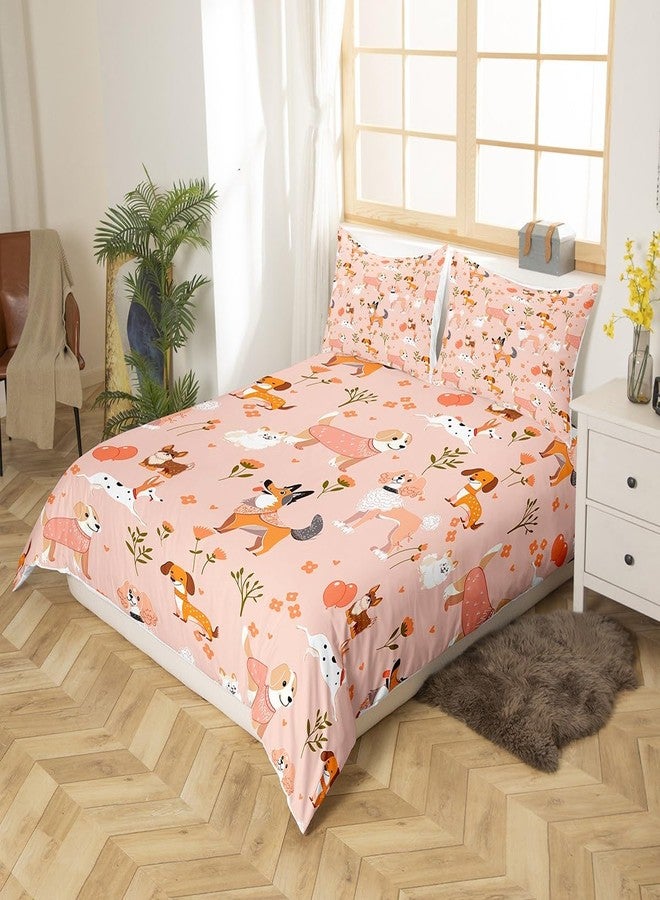 Castle Fairy طقم غطاء لحاف كامل الحجم برسومات كلاب رومانسية، غطاء لحاف على شكل جرو حيوان أليف لطيف من الكرتون مع 2 كيس وسادة، 3 قطع، غطاء سرير من البوليستر برسومات زهور وردية ونباتات وحيوانات لديكور غرفة نوم الأولاد والمراهقين - Image 4