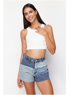 Blue Color Block Denim Shorts & Bermuda TWOSS24SR00131