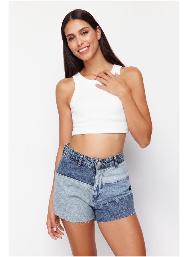 trendyol Blue Color Block Denim Shorts & Bermuda TWOSS24SR00131  - Image 1