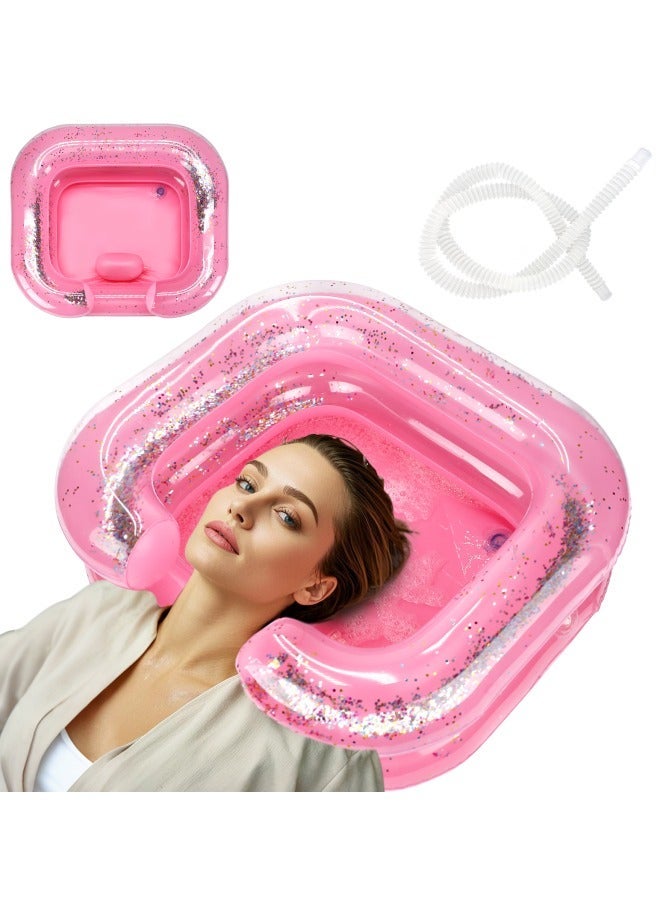 INFLATABLE HAIR WASHING BASIN, PORTABLE SHAMPOO BOWL WITH PILLOW AND DRAIN HOSE, HAIR WASHING BASIN FOR BEDRIDDEN, DISABLED, INJURED, PERFECT FOR DREADLOCKS, CURLY HAIR, THICK HAIR (PINK)