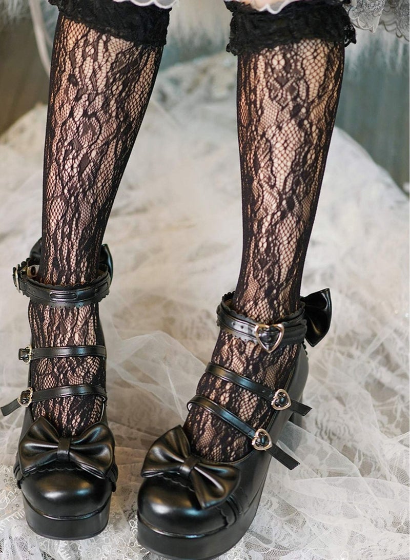 Excefore Women's Fishnet Knee High Socks, Stylish Black, Womens Knee High Socks Girl's Lace Fishnet Patterned Stockings Lolita Loose Socks - Image 4