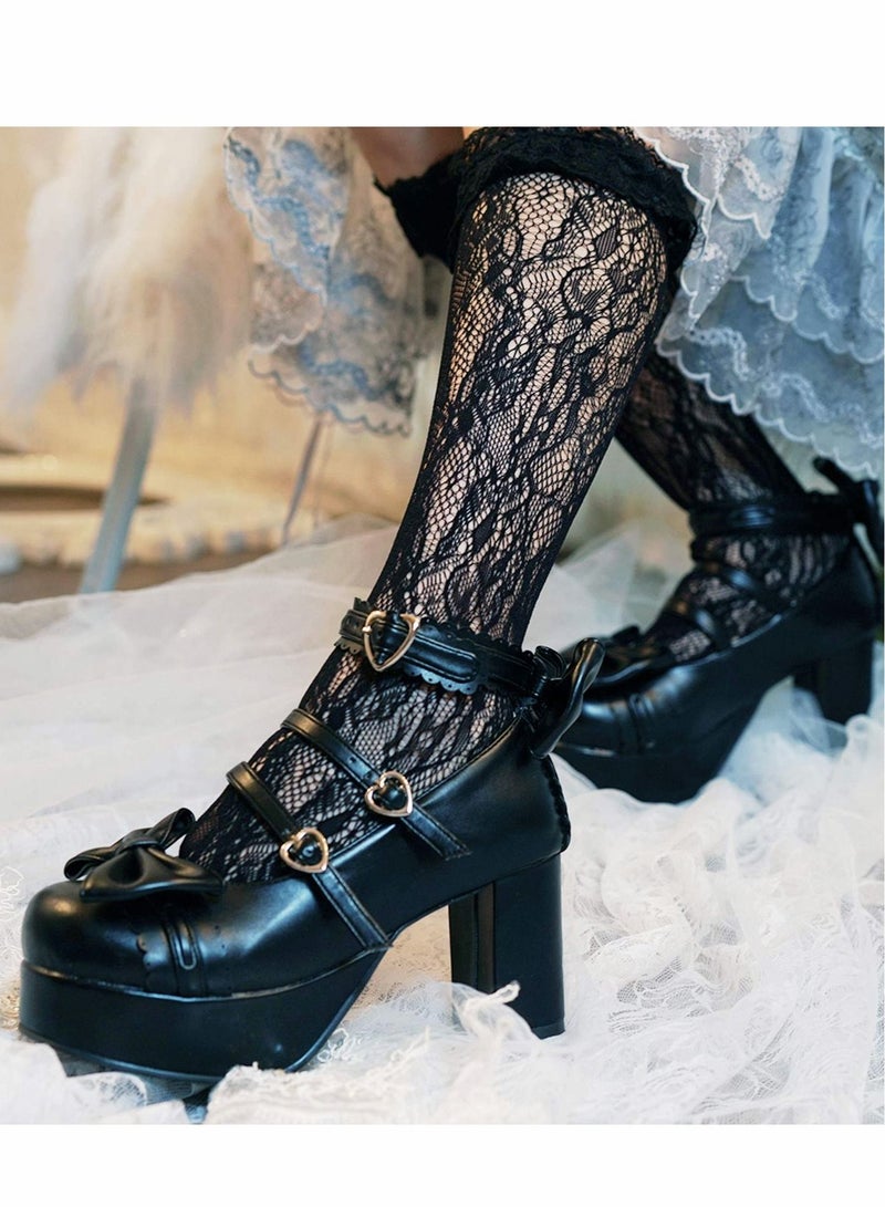 Excefore Women's Fishnet Knee High Socks, Stylish Black, Womens Knee High Socks Girl's Lace Fishnet Patterned Stockings Lolita Loose Socks - Image 2