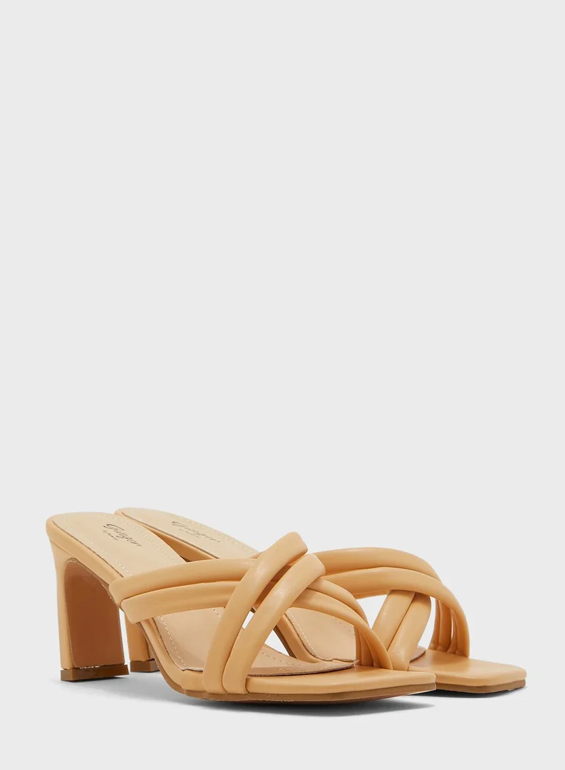 Ginger Cross-Over Square Toe Block Heel Mule