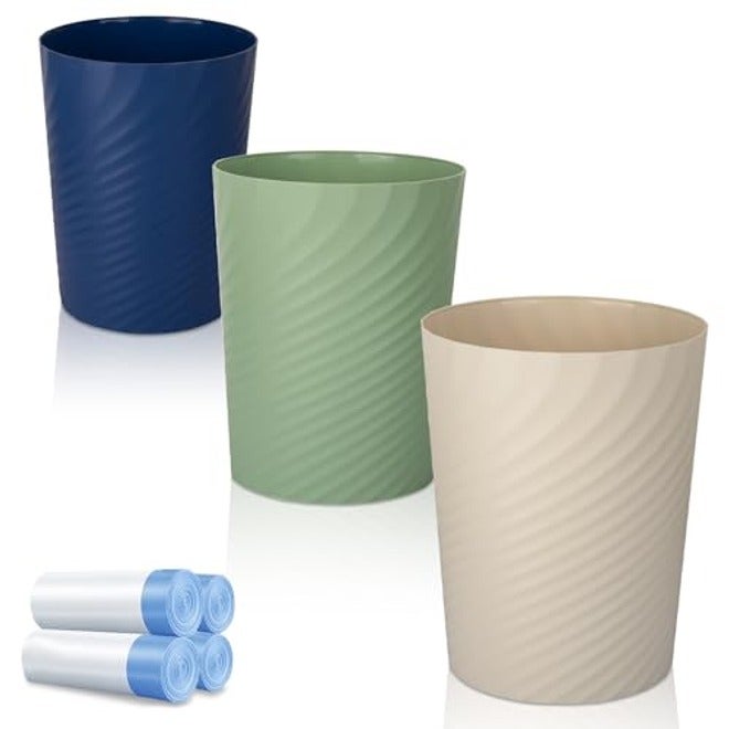 UUJOLY Small Bathroom Trash Can with Bags, 3 Pack, White, 1.8 Gallon, Plastic Wastebasket for Office, Laundry Room, Kitchen, Bedroom